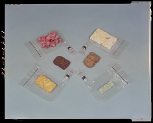 FEL- food, freeze-dried, (for Apollo-Soyez); fruit cocktail; potato, beef & sausage patties; strawberries; compressed peas