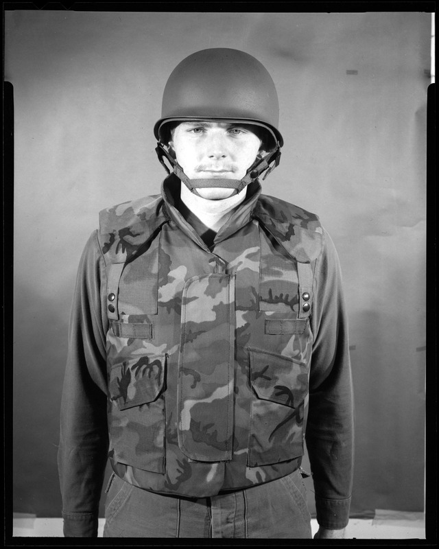 Armor branch, front view, vest + old helmet