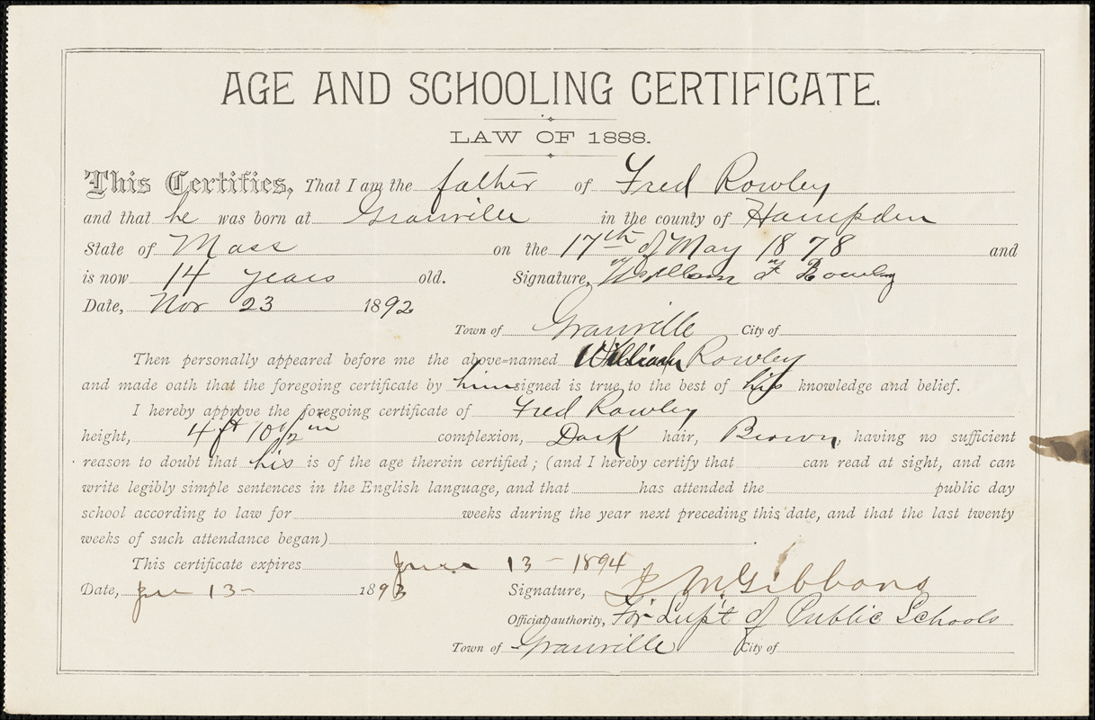 Age and schooling certificate, Fred Rowley