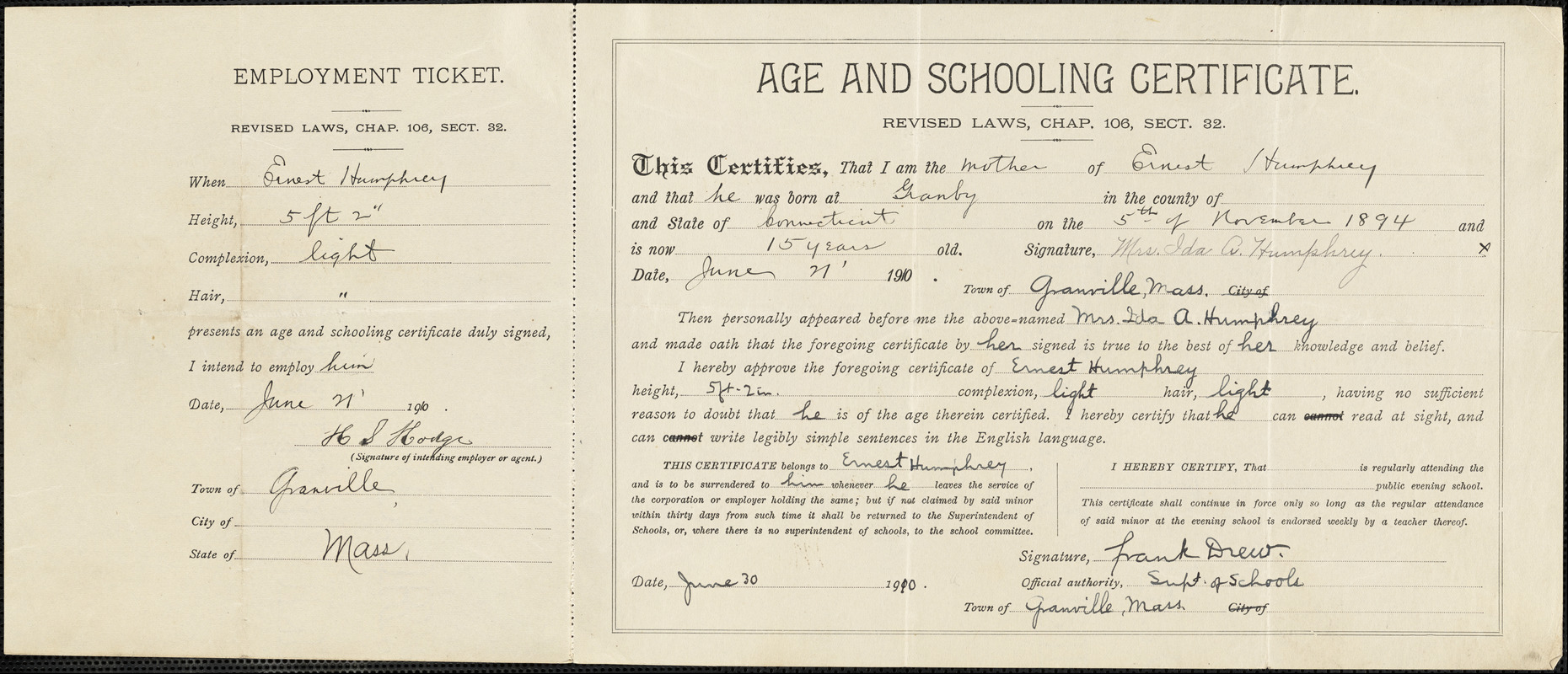 Age and schooling certificate, Ernest Humphrey
