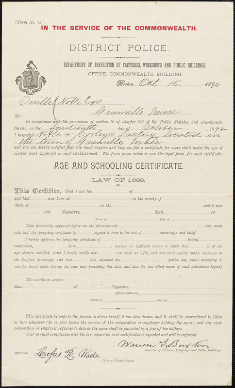 Age and schooling certificate, Law of 1888 District Police notification