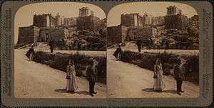 Looking N.E. up through the Propylaea - entrance to Acropolis - Nike temple at right, Athens