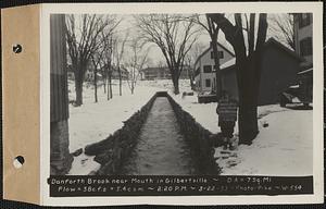 Danforth Brook near mouth in Gilbertville, drainage area = 7 square miles, flow = 38 cubic feet per second = 5.4 cubic feet per second per square mile, Gilbertville, Hardwick, Mass., 2:20 PM, Mar. 22, 1933