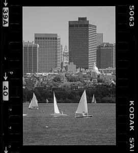Sailboats on Charles River Basin (note Beacon Hill & downtown), Back Bay