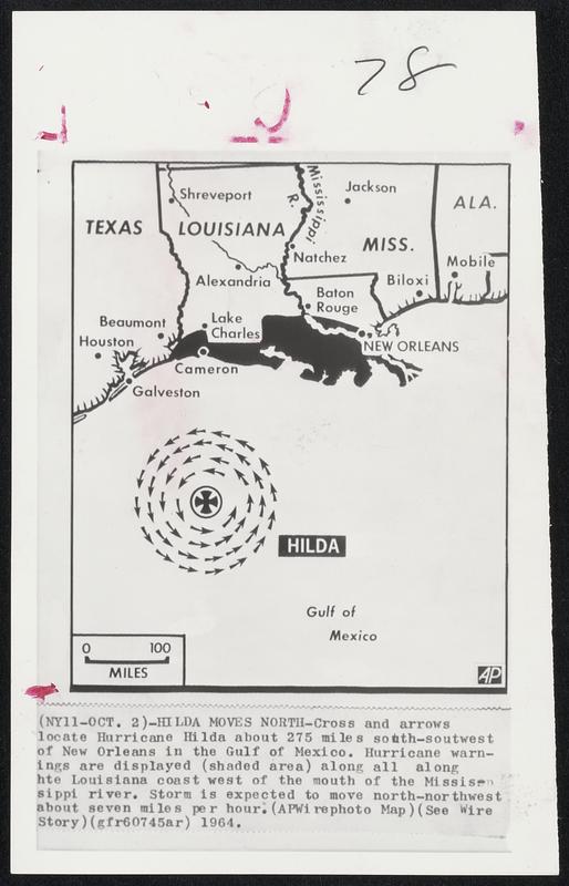 Hilda Moves NorthCross and arrows locate Hurricane Hilda about 275