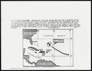 Mysterious Hurricane Gladys matured into a powerful storm with 125 MPH winds 9/17 and struck out toward the mainland with increased speed. The Washington and Miami weather bureaus couldn't understand how the storm grew so fast and are sending out a hurricane plane to take a closer look. At last report, Gladys was 974 miles slightly south of due east from Miami and moving toward the west-northwest at 12 MPH. The forecast said it would continue that course at least through Friday.
