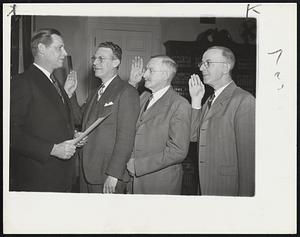 New Members of General Court – Gov. Tobin swears in three new members of the General Court, filling vacancies in the legislative body. Left to right, the Governor, Henry W. Pickford of Worcester, Frank H. Allen of Auburn and Warren C. Karner of Athol.