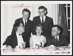 Sheraton Plaza Standing L to R Kevin White - Sec. of State. Gerard Doherty - Chair Dem State Comm. Seated L to R Arthur Schlesinger Jr. - Mrs. Kevin White - Edward Logue - Director Boston Redevelopment Comm.