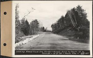 Contract No. 60, Access Roads to Shaft 12, Quabbin Aqueduct, Hardwick and Greenwich, looking ahead from Sta. 35+00, Greenwich and Hardwick, Mass., Oct. 21, 1938