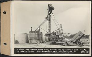 Contract No. 85, Manufacture and Delivery of Precast Concrete Steel Cylinder Pipe, Southborough, Framingham, Wayland, Natick, Weston, 1 cubic yard concrete mixer pouring concrete into pipe forms, Southborough, Mass., Aug. 24, 1939