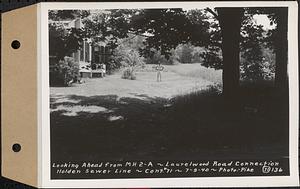 Contract No. 71, WPA Sewer Construction, Holden, looking ahead from manhole 2-A, Laurelwood Road Connection, Holden Sewer Line, Holden, Mass., Jul. 9, 1940