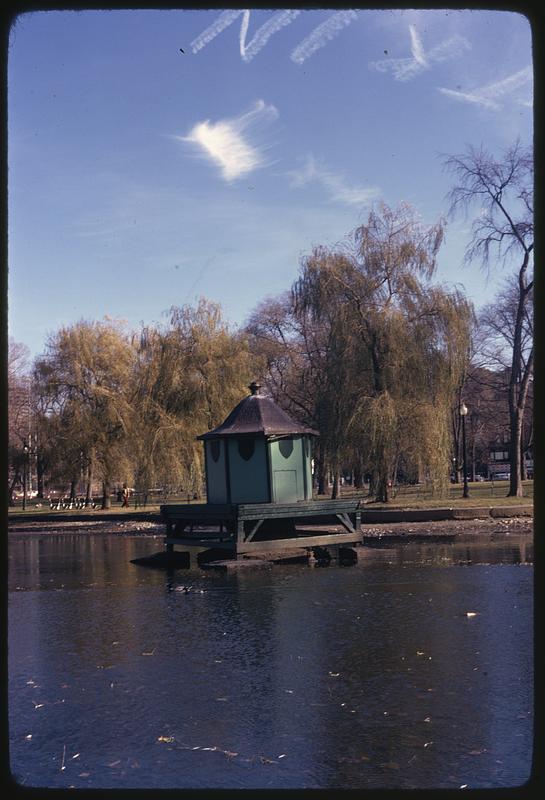 Green building on dock, Boston Public Garden lagoon