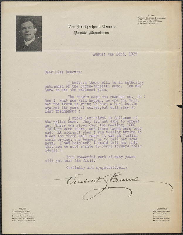 Vincent G. Burns (Brotherhood Temple) typed letter signed to Mary Donovan, Pittsfield, Mass., August 23, 1927