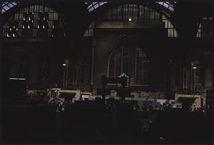 Interior view of area under transparent arches, Penn Station, Manhattan, New York