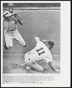 "Twins-Dodgers Action"...In the 7th.home game for the Twins at Orlando in the Citrus Circuit and the bottom half of first inning Frank Kostro gets out at 2nd. when Twin Tony Oliva hit to pitcher Clause Osteen of the Dodgers. Osteen threw to ss Maury Wills and Wills relayed to first.