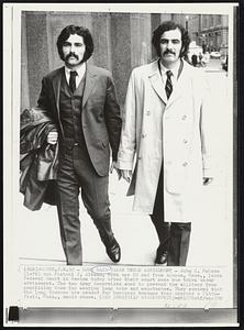 Long Hair Taken Under Advisement - John J. McLean (left) and Michael J. Albano, both age 22 and from Agawam, Mass., leave Federal Court in Boston today after their court case was taken under advisement. The two Army Reservists want to prevent the military from penalizing them for wearing long hair and moustaches. They contend that the long tresses are needed for business because they operate a Pittsfield, Mass., music store.