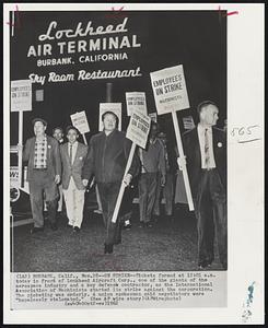 Burbank, Calif. – On Strike – Pickets formed at 12:01 a.m. today in front of Lockheed Aircraft Corp., one of the giants of the aerospace industry and a key defense contractor, as the International Association of Machinists started its strike against the corporation. The picketing was orderly. A union spokesman said negotiators were “hopelessly stalemated.”