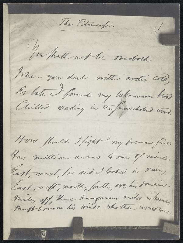 Emerson. Above: The original manuscript of Emerson's Poem, "The titmouse."