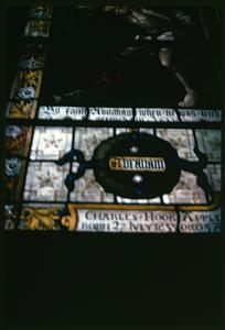 Closeup of a stained glass window dedicated to Charles Hook Appleton, Trinity Church, Boston
