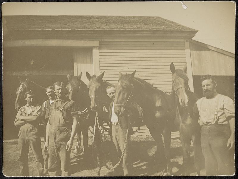 Five men with five horses in front of stable