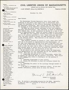 Letter about the Mississippi Freedom Democratic Party serving formal challenges on all five Congressmen-elect from Mississippi. Congressional Challenge Fact Sheet attached