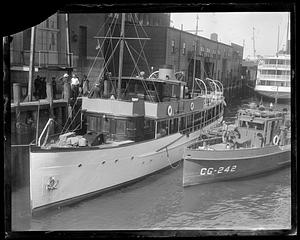 Yacht "Prudence" rum runner 250,000 yacht seized with 1500 cases of pre-prohibition rye worth $150,000 captured in Dorchester Bay, Sept. 11, 1932