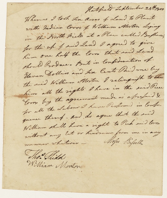Handwritten agreement to relinquish rights to Indian corn harvest, Moses Bissell [?] to William Morton, September 24, 1800