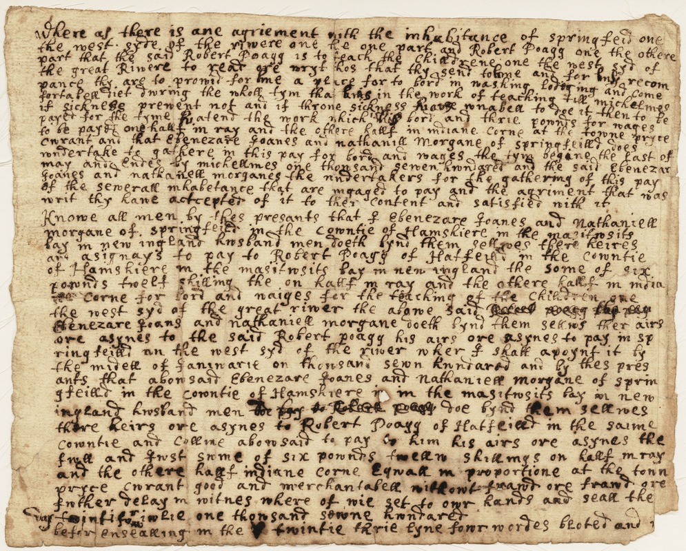 Handwritten agreement between Ebenezere Goanes and Nathaniell Morgane of Springfield with Robert Poagg of Hatfield to “teach the childrene”; 1754 [?]