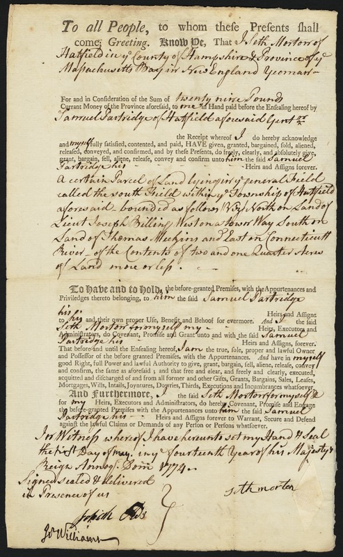 Deed, Seth Morton to Samuel Partridge, 1774