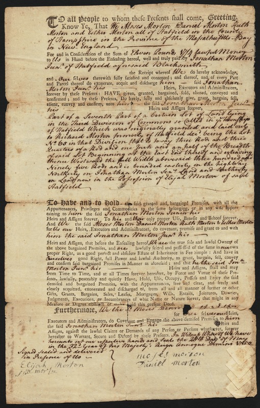 Deed, Moses Morton to Jonathan Morton, 1750
