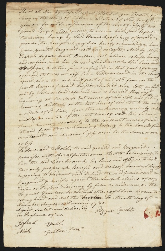 Deed, Roger Conant of Surry, New Hampshire, to Levi Hancock of Surry, 1780