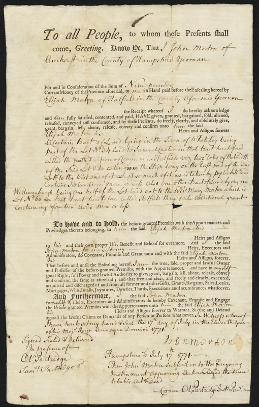 Deed, John Morton to Elijah Morton, 1771