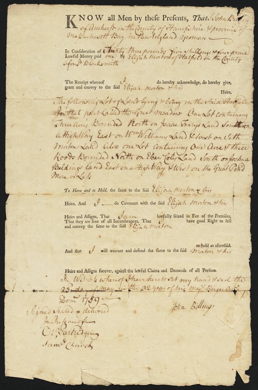 Deed, John Billing, Amherst, to Elijah Morton, 1759