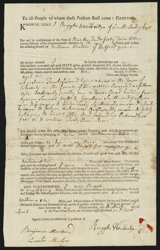 Deed, Ruggles Woodbridge to William Morton, 1802
