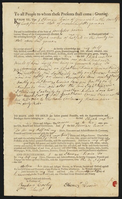 Deed, Ebenezer Swain to Elijah Morton, 1790