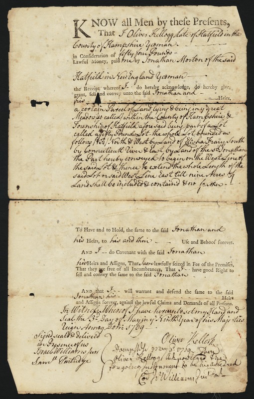 Deed, Oliver Kellogg to Jonathan Morton, 1709