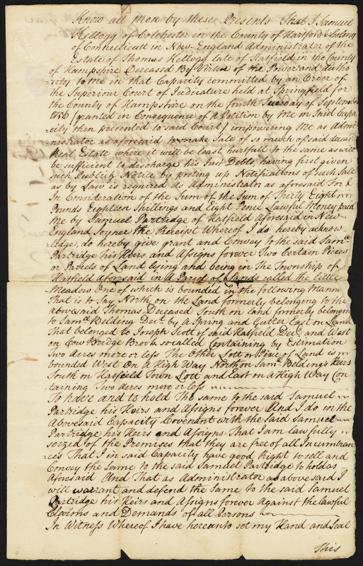 Deed, Samuel Kellogg for estate of Thos. Kellogg, to Samuel Partridge, 1756