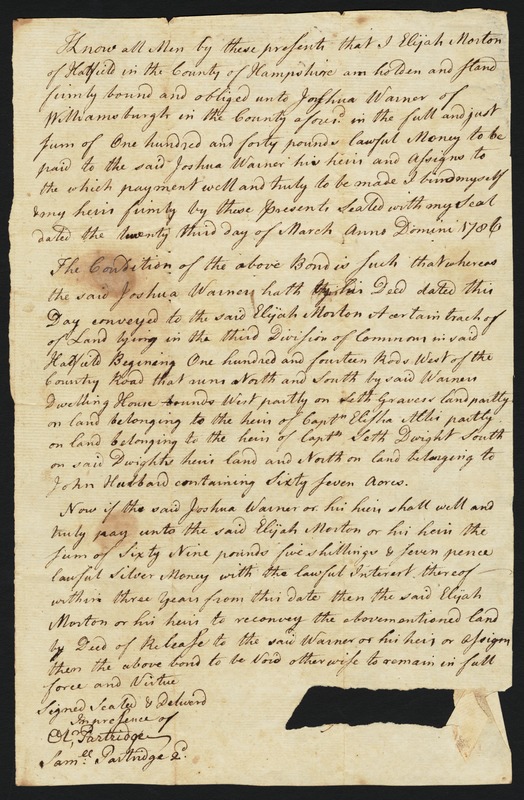 Bond, Elijah Morton to Joshua Warner of Williamsburgh, 1706 (?) or 1786