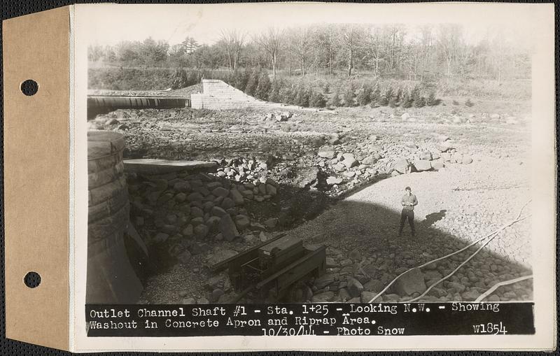 Outlet Channel Shaft #1, Station 1+25, looking northwest showing washout in concrete apron and riprap area, West Boylston, Mass., Oct. 30, 1944