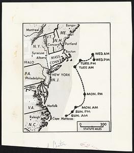 Route of storm that caused all the white stuff in New England is shown moving slightly out to sea. yesterday.