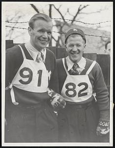 Ruud Brothers Thrill 20,000 at Norge Ski Meet... Fox River Grove, Ill.. The Norge ski club of Chicago held its annual international ski-jumping tournament today. attracting 20,000 spectators who gathered around the bottom of the huge steel slide. Norway's ski jumping Ruud brothers. Birger and Sigmund, competing for the second time at the Cary slide. outjumped leading skiers from all sections of the United States to win first and second place honors respectively. Scarcity of the snow in this section made necessary three carloads of imported snow form upper Michigan to pack the ski slide. Photo shows the two Ruud Brothers from Norway, Birger (#82) won the ski meet with jumps of 172 and 181 feet. Sigmund (#91) placed second with jumps of 161 and 168.