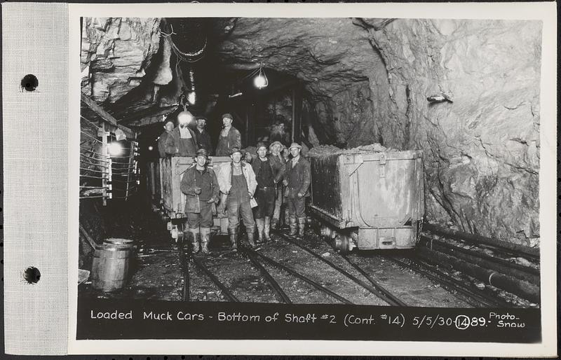 Contract No. 14, East Portion, Wachusett-Coldbrook Tunnel, West Boylston, Holden, Rutland, loaded muck cars, bottom of Shaft 2, Holden, Mass., May 5, 1930