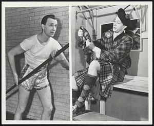 Pole Vaulting and Singing Star, John Schmidt, a national champion at Ohio State University in 1944, who will compete in the BAA Games at the Garden tomorrow night. He is currently appearing on Broadway in the musical hit "Brigadoon" and will open the BAA program by singing the national anthem. He is shown above in his track gear (left) and in his costume for the musical.