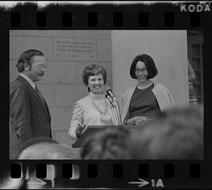 Woman making announcement during President Gerald Ford visit in Concord, New Hampshire