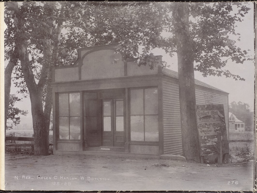 Wachusett Reservoir, Helen C. Harlow's store, on south side of Clarendon Street, from the northwest, West Boylston, Mass., Jul. 11, 1896