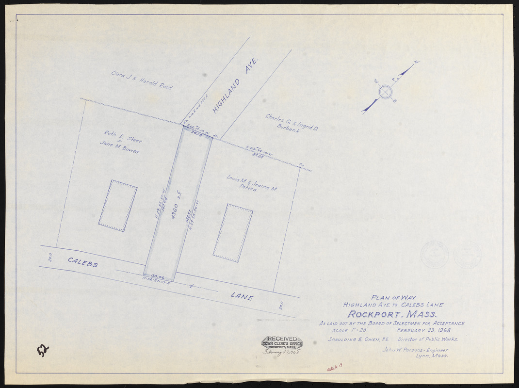 Plan of way, Highland Ave. to Calebs Lane, Rockport, Mass.