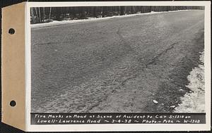 Tire marks on road at scene of accident, Tewksbury, Mass., Mar. 4, 1938