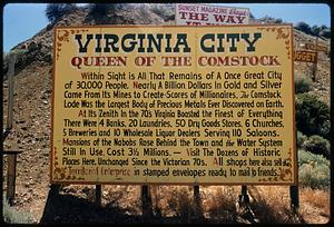 Informational sign titled "Virginia City Queen of the Comstock," Nevada