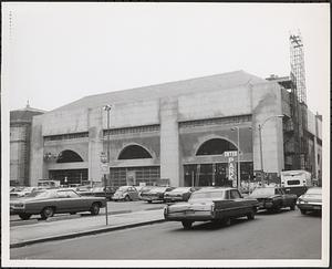 Construction of Boylston Building, Boston Public Library, view from parking lot at corner of Boylston Street and Exeter Street