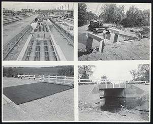 Bridge Repair Sequence Following 1955 Floods: 1. (Upper left)- Pouring pre-stressed concrete beams at concrete plant in Needham. 2. (Upper right)- Placing beams in position at washed-out bridge. 3. (Lower left)- Black top surfacing goes over concrete slab supports. 4. (Lower right)- Completed bridge after work by state public works depart.